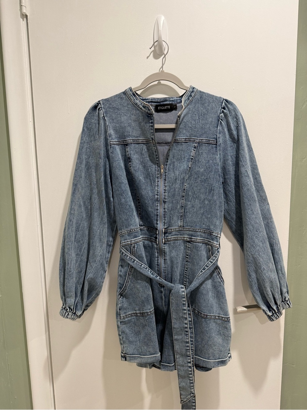 Etiquette Clothiers Light Blue Denim Romper with Tie Belt